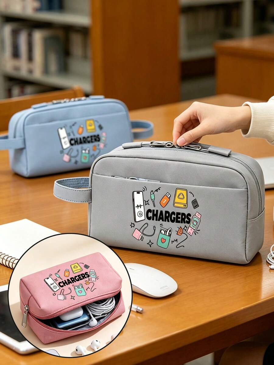حقيبة منظم تخزين رقمي مطبوعة "Chargers"، حقيبة حماية للإكسسوارات الرقمية، صندوق تخزين الكابلات وبنك الطاقة، كابل البيانات، الفأرة، وحدة USB، منظم الشاحن، حقيبة تخزين الأجهزة الإلكترونية المحمولة، حماية مقاومة للغبار والخدش للكابلات والأجهزة. هدية عملية لموسم التخرج، العودة إلى المدرسة، يوم المعلم، الزملاء، عشاق التكنولوجيا الرقمية، مناسبة للتنقل، السفر للأعمال، الفصل الدراسي في الجامعة، مكتب العمل، السفر في الهواء الطلق، التخزين المنزلي.