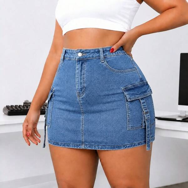 Plus Size Women's Casual Denim Mini Skirt With Cargo Pockets, Slim Fit, Minimalist, Mid-Stretch, Versatile For Shopping, Travel, Dating Summer