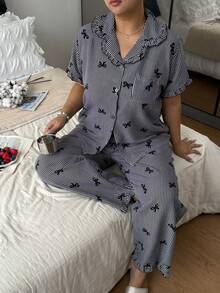 Sweet Bow & Heart Print Soft Pajama Set For Women, Short Sleeve Button Collar Cropped Top With Shorts, Soft Skin-Friendly Loungewear, Loose Slimming Fit, Machine Washable & Easy Care, Simple Versatile Style For Home & Casual Wear, Suitable For Daily Outings - Multicolor - View 4