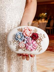 Evening Clutch Bag Fashion Floral Rhinestone Decor Handbag Oval Small Round Bag Shoulder Crossbody Chain Bag Handheld Bag Evening Bag For Women - Apricot - View 4
