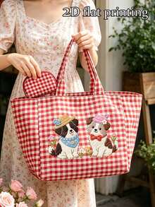 Puppy Pattern Plaid Tote Bag, Flat Cute Dog Print, Casual Plaid Shoulder Bag And Portable Coin Purse, Mini Makeup Bag With Zipper, Large Capacity Canvas Shoulder Bag, Slouchy Handbag, Multi-Functional Shopping Bag, Campus Style Tote Bag, Suitable For Shopping, Commuting, Back To School, Travel And Daily Use, Unique Birthday Gift, Holiday Gift, Party Gift, Teacher Gift - Multicolor - View 1