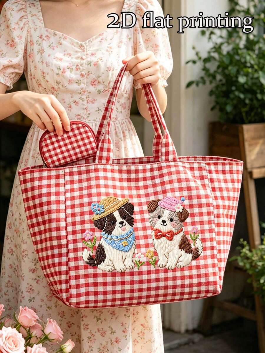 Puppy Pattern Plaid Tote Bag, Flat Cute Dog Print, Casual Plaid Shoulder Bag And Portable Coin Purse, Mini Makeup Bag With Zipper, Large Capacity Canvas Shoulder Bag, Slouchy Handbag, Multi-Functional Shopping Bag, Campus Style Tote Bag, Suitable For Shopping, Commuting, Back To School, Travel And Daily Use, Unique Birthday Gift, Holiday Gift, Party Gift, Teacher Gift - Multicolor - View 1