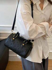 時尚純色PU手提包 經典圓筒枕型包 附櫻桃吊飾 優雅知性通勤女包 適合通勤、購物、約會、旅行、度假 - 黑色 - 查看 3