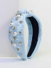 1 chiếc băng đô nữ bản rộng bằng vải đính ngọc trai & đá rhinestone, phụ kiện tóc phong cách tối giản màu trơn retro - xanh nhạt - Xem 4