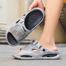 Men's New All-Season Retro Graffiti Print Hollow Breathable Cut-Out Design Casual Open-Toe Walking Sandals Suitable For Beach Sand City Daily Commute Gym Pool Adjustable Buckle Strap Slide Slippers - Light Grey - View 2