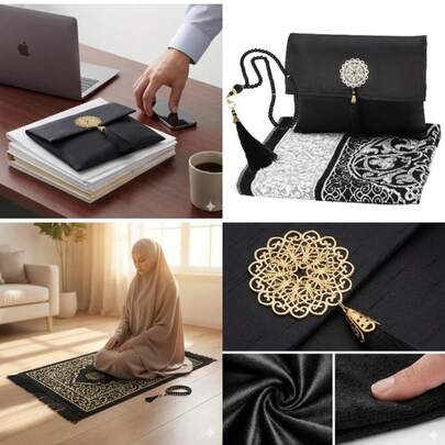 Black Portable Prayer Mat With Gift Box And Tasbih - Prien Turkish Islamic Prayer Rug For Men And Women - Travel Janamaz For Office And Commute - Washable And Foldable Mubarak Design
