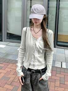 女款蕾絲拼接細肩帶背心上衣與長袖開襟衫休閒日常套裝，優雅風格 - 灰色 - 查看 2