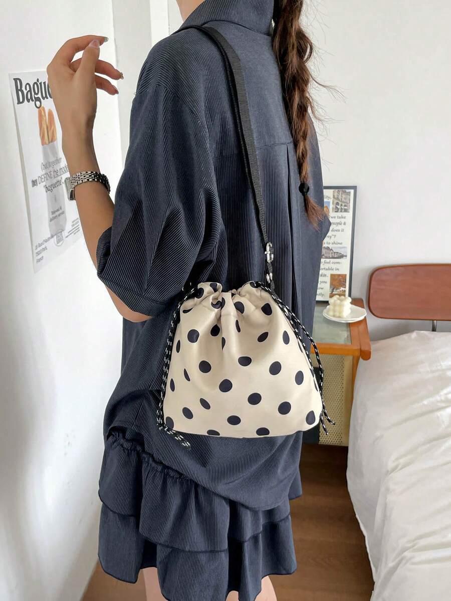 1 pieza Bolso cubo de nailon de unicolor con cordón y patrón de lunares, bolso bandolera de moda para mujer - Beis - Ver 1