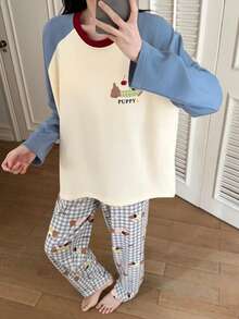 2pcs/Set Women's Pajamas Loungewear Set, Round Neck Pullover Cute Dachshund Dog Print Minimalist Long Sleeve Long Pants, Suitable For All Seasons - Blue and White - View 5
