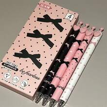 Box Of 4 Pink Bow Gel Pens, 0.5mm Tip, Quick-Dry Smooth Writing, Cute Pink White Black Color Scheme, Includes Various Exquisite Patterns, Suitable For Office And Study - Pink Heart Bow - View 5