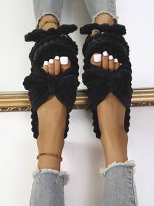 Autumn/Winter Bowknot Open-Toe Slippers, Soft-Sole Indoor House Slippers, Suitable For Wooden Floors, Spring/Autumn Corduroy Slippers, Fluffy Slippers - Black - View 4