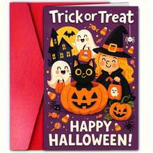 1/2/3sets Cute Cartoon Trick Or Treat Halloween Greeting Cards,Purple Background Witch Black Cat Ghost Jack O Lantern Spider Candy Full Moon Design,Perfect For Friends And Family Seasonal Celebration Party Invitations And Spooky Wishes To Share Joy A - A - View 2