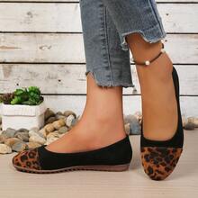 Black & Brown Leopard Print Patchwork Round Toe Flat Ballet Shoes, Contrast Color Low Vamp Retro Chic Versatile Slouchy Commuter Office Driving Loafers - Black - View 2