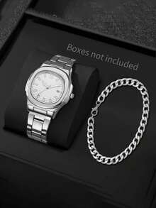 2pcs/Set Men's Square Steel Band Watch, Minimalist Fashion Men's Wristwatch, Premium Quartz Watch Set - Silver - View 2