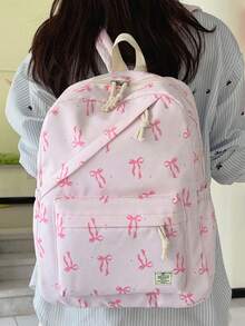 1件大容量尼龍學生背包，極簡蝴蝶結印花大學生背包，青少年女孩尼龍背包，青少年女孩旅行背包 - 粉色 - 查看 5