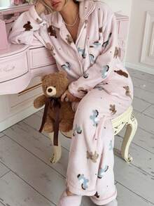 2pcs/Set Women's Winter Striped Pony Plush Bear Thick Thermal Lined Lapel Long Sleeve Top And Pants Pajama Set - Pink - View 4
