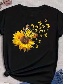 Minimalistisches T-Shirt mit Sonnenblumen-Print, Sommer-Frühlings-Kurzarm-T-Shirt mit Rundhalsausschnitt, Damenbekleidung, Damen-Sommer-Freizeit-T-Shirt mit Grafik-Print, Kurzarm, gedämpfte Töne - Schwarz - Übersicht 1