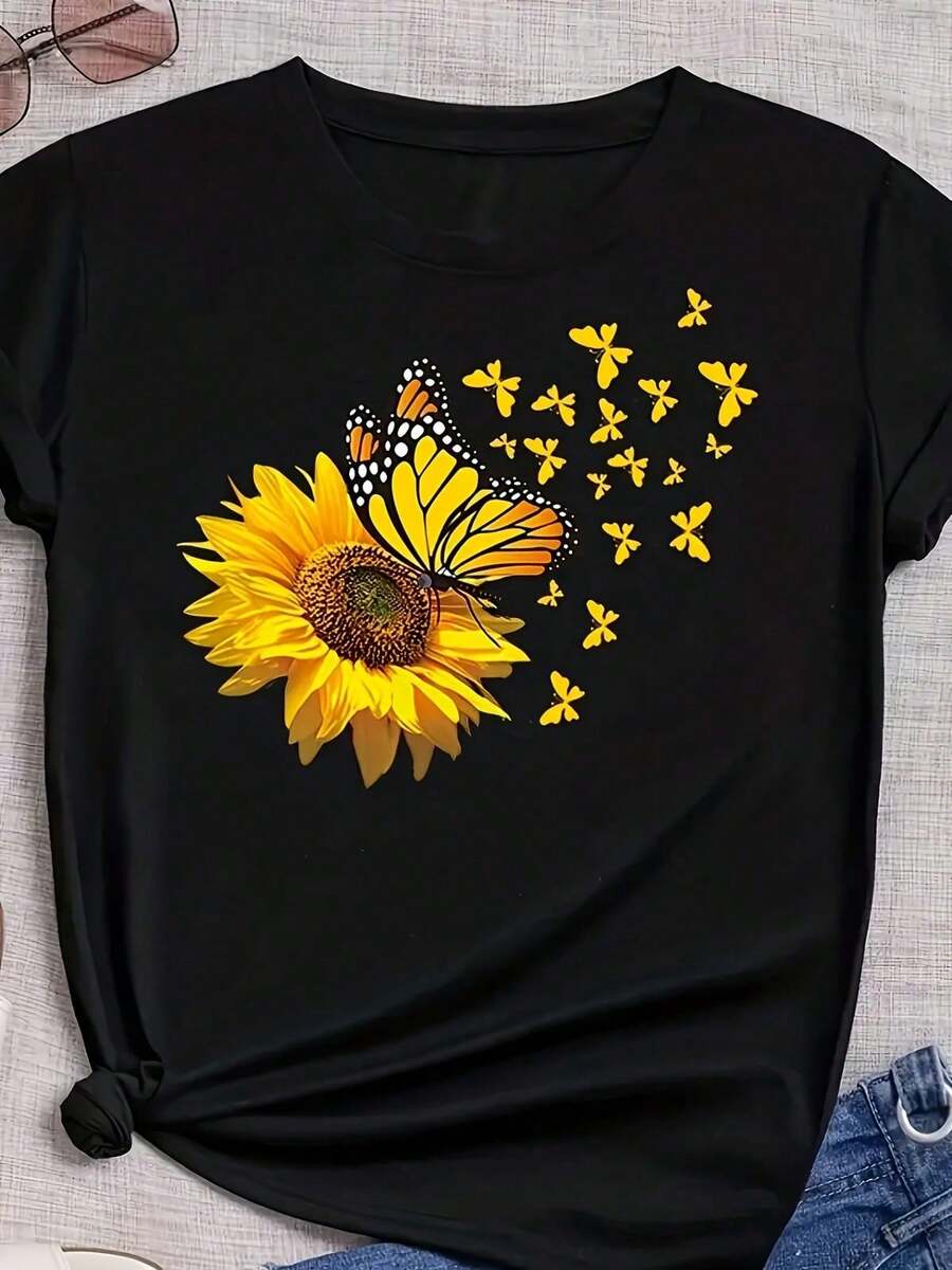 Minimalistisches T-Shirt mit Sonnenblumen-Print, Sommer-Frühlings-Kurzarm-T-Shirt mit Rundhalsausschnitt, Damenbekleidung, Damen-Sommer-Freizeit-T-Shirt mit Grafik-Print, Kurzarm, gedämpfte Töne - Schwarz - Übersicht 1
