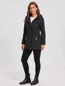 Women's Black Hooded Mid-Length Jacket With Cinched Waist, Zip Front, Flap Pockets And Contrast Tabs - Black - View 4