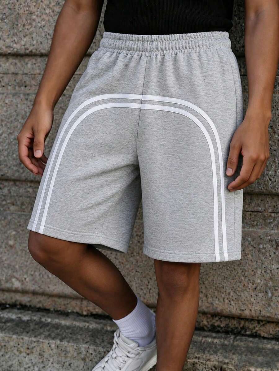1件青少年男孩彈性腰運動休閒前裝飾短褲,百慕達長度,春/夏/秋 - 淺灰色 - 查看 1