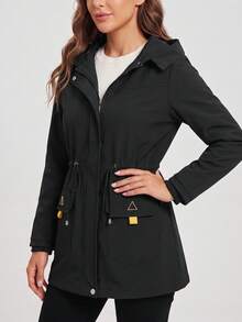 Women's Black Hooded Mid-Length Jacket With Cinched Waist, Zip Front, Flap Pockets And Contrast Tabs - Black - View 3