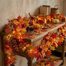1pc Orange-Red Artificial Maple Leaf Vine, Silk Fabric, Suitable For Autumn, Halloween, Harvest Festival Home Decor, Tabletop Decor, Fireplace Decor, Stair Railing Wrap Decor, Door Frame Decor (No Lights, DIY Light Strip Compatible) - Orange - View 6