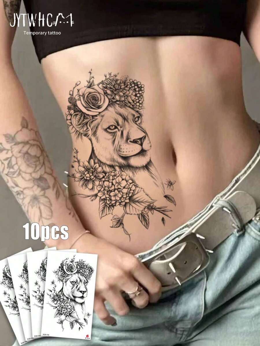 10 piezas/2 piezas Pegatinas de tatuaje desechables realistas de león negro con rosa & hortensia, tatuajes temporales realistas grandes de flores & animales a prueba de agua, pegatinas de decoración corporal sexy para cintura y caderas de mujeres, pegatinas de arte corporal temporal grandes de flores & animales de larga duración - Negro - Ver 1