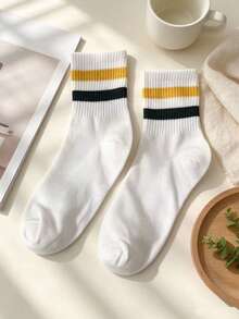 5 Pairs Unisex American Retro Double Stripe Mid-Calf Socks, Pure Cotton Vertical Stripe Socks, Street Style Couple Sports Socks - Multicolor - View 4