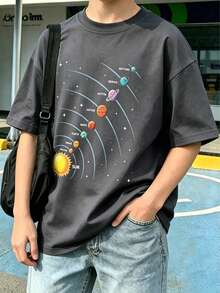 [Back To School] 1pc Tween Boy Printed Short Sleeve T-Shirt, Student Youth Apparel, Summer Top For Kids - Dark Grey - View 1