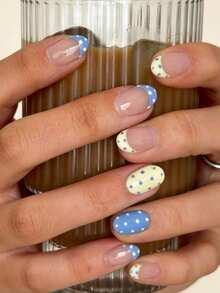 24pcs Short Oval Polka Dot Nail Stickers Set, Includes 1pc Double-Sided Adhesive And 1pc Nail File, Polka Dot Nails Make Fingertips Shine, Suitable For Party, Ball And Daily Use - Multicolor - View 1