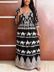 Vestido holgado con cuello en V, bloques de color e estampado, nuevo para primavera/otoño - Negro - Ver 3