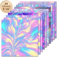 24 Folhas de Papel Decorativo para Scrapbook Holográfico Laser Fluido 6*6 Polegadas, Material de Bottom com Glitter de Penas em Gradiente Iridescente Rosa Azul Roxo em Vórtice, Sem Repetições, Papel Artesanal Estilo INS Girl, Adequado para Scrapbook Sonhador, Cartão de Aniversário de Menina, Embalagem de Caixa de Presente de Maquiagem, DIY Feito à Mão - Quadrado - Visão 1