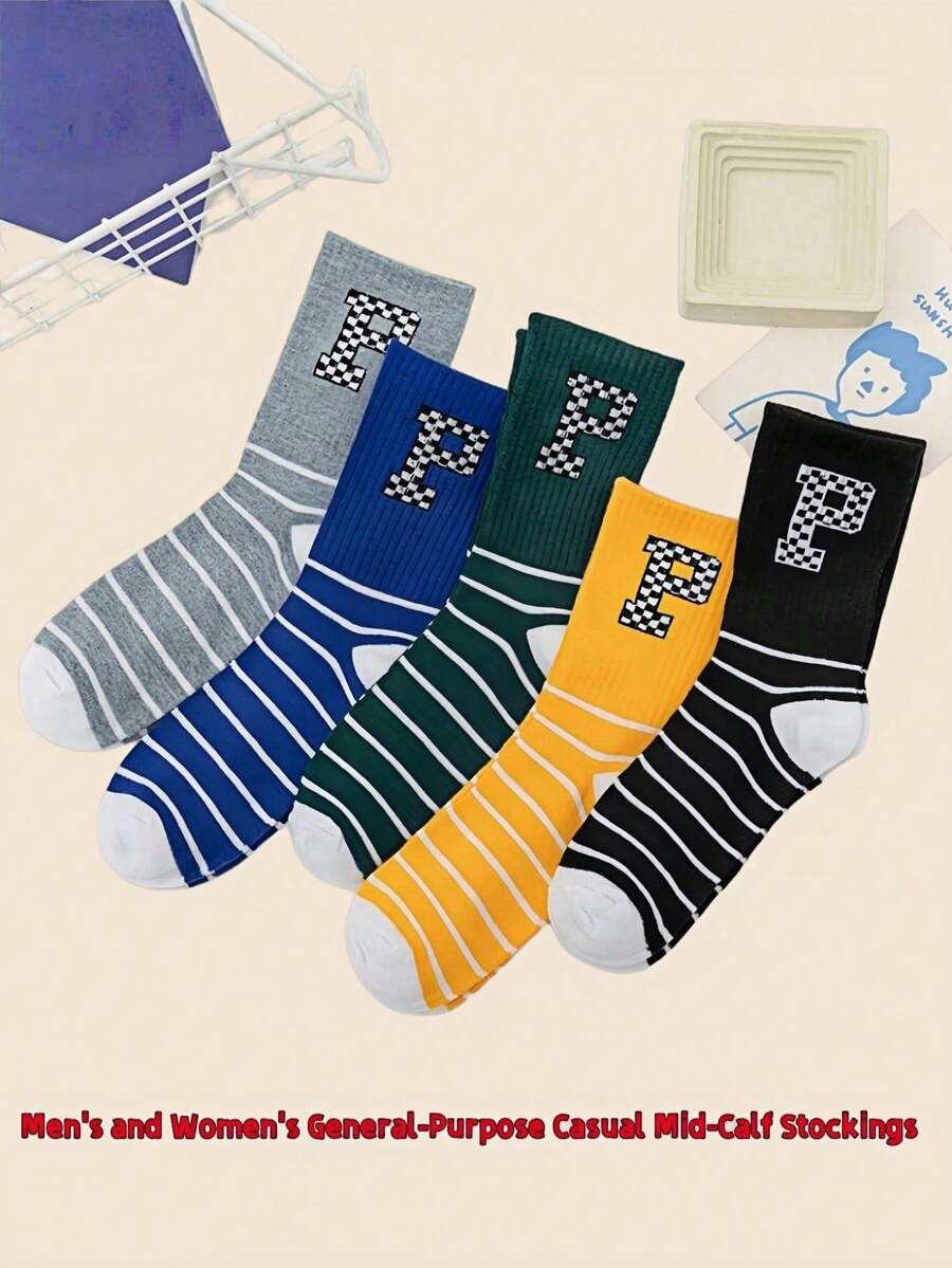 Checkered P Letter Mid-Calf Socks, Unisex All-Season Versatile Casual Sports Sweat-Absorbent Odor-Resistant Socks - Multicolor - View 1