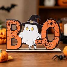 Rustikale freistehende Holz-Halloween-Tischdekoration, gruselige Boo-Geister-Kürbis-Spinnen-Hexen-Tafel, Spukhaus-Herbst-Etagere-Innen-Party-Mittelstück-Ornament-Geschenk - A - Übersicht 2