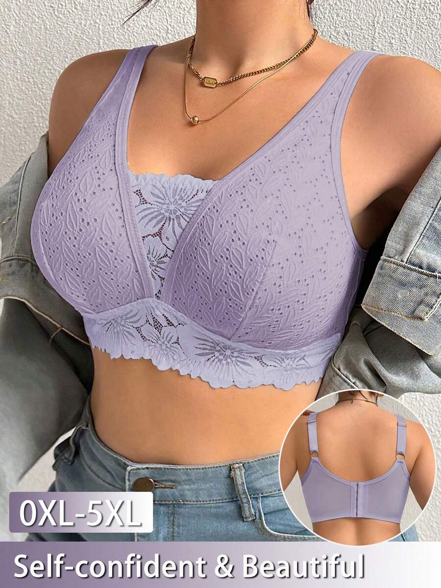 قطعة واحدة حمالة صدر نسائية كاجوال مريحة بتصميم بسيط مقاس كبير مع تطريز دانتيل، بدون سلك، ملابس داخلية ناعمة ومريحة - ارجواني فاتح - مشاهدة 1