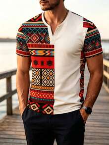 Men's Bohemian Style Retro V-Neck T-Shirt With 3D Full Printed Half Side Pattern Design, Fashionable And Printed - Multicolor - View 1