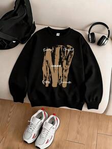 Setelan 2 Potong Cocok Untuk Anak Laki-Laki Remaja, Kaos Lengan Panjang dan Celana Kargo, Menampilkan Motif Huruf NY Kapital Gaya Sapuan Kuas yang Terkesan Usang, Setelan Kaos Lengan Panjang dan Celana Kargo yang Serasi, Cocok Untuk Pakaian Sehari-hari Musim Gugur/Dingin - MultiWarna - View 7