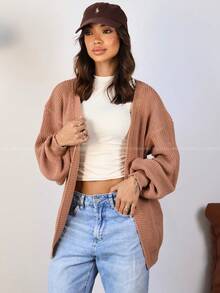 Women's Knitted Cardigan Coat Puff Sleeve Elegant Casual Nude - 新米色 - 查看 3