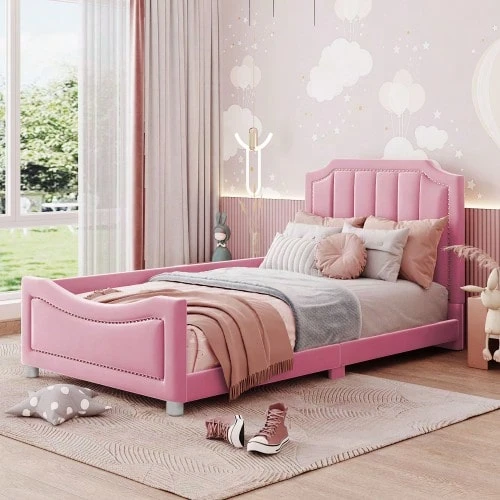Kids' Bed Upholstered Bed 90*200cm Sofa Bed Bed Frame Flannel Multifunctional Soft Bed - 粉色 - 查看 1