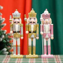 1pc 30CM European Style Glitter Nutcracker King Wooden Craft Ornament, Lotus Wood Cartoon Christmas Decoration Small Gift - one-size - View 2
