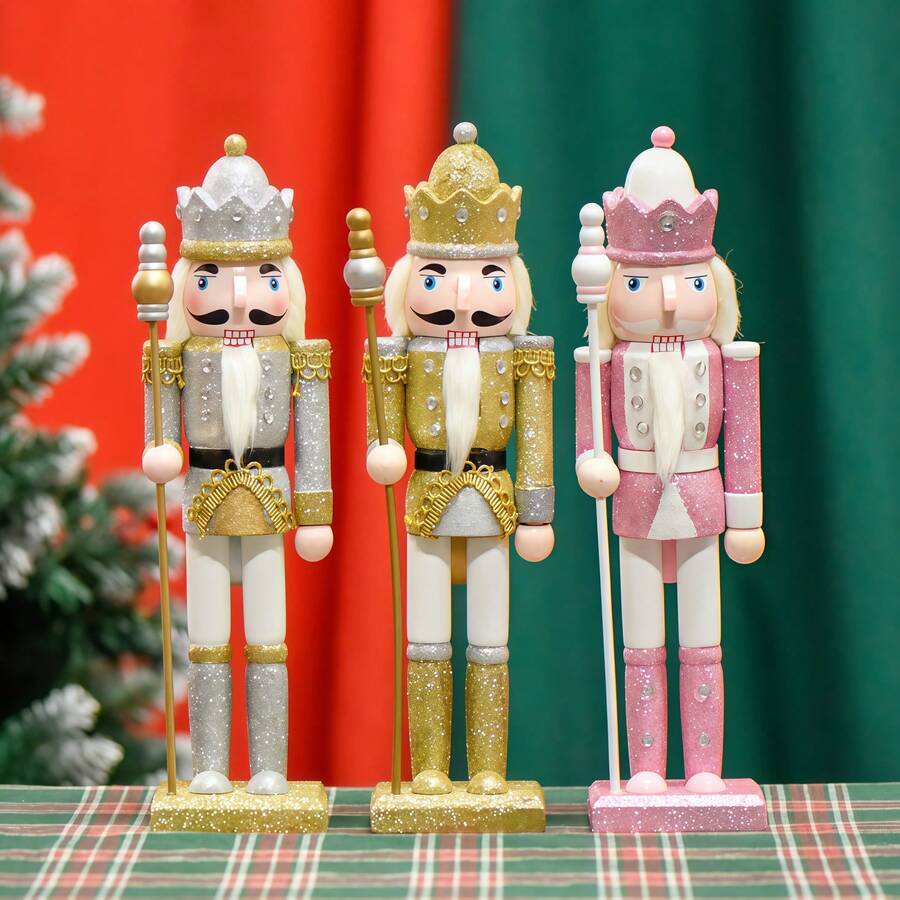 1pc 30CM European Style Glitter Nutcracker King Wooden Craft Ornament, Lotus Wood Cartoon Christmas Decoration Small Gift