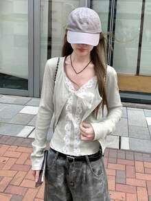 女款蕾絲拼接細肩帶背心上衣與長袖開襟衫休閒日常套裝，優雅風格 - 灰色 - 查看 3