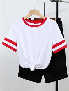 2 Pieces/Set Women's Casual Y2K American Striped Sports Print Round Neck Short Sleeve T-Shirt High Waist Loose Straight Shorts In Summer - White - View 8