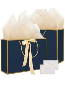 13.7 Inch Large Gift Bags With Handles, 2pcs Deep Blue Paper Gift Bags, Includes Tissue Paper, Ribbon And Card, Suitable For Men's Birthday, Wedding Groomsman, Anniversary, Business Celebration - Blue - View 1