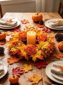 51pcs/Set Halloween/Autumn Maple Leaf Candle Ring Decor. Artificial Maple Leaf Set, Candle Wreath, Autumn Tabletop Decoration, Halloween And Thanksgiving Centerpiece, Harvest Festival Party Styling, DIY Autumn Wedding Tabletop Decor. - A - View 8