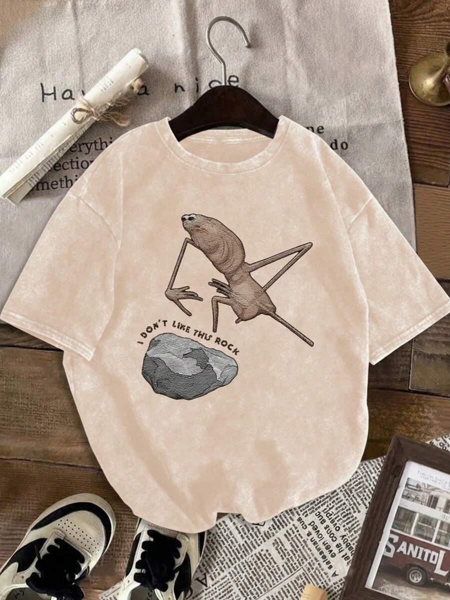 Men Shirts Marcus The Worm Retro T-Shirt - Cute Worm & Marcus Face Graphic Print, Soft Washed Vintage Short Sleeve Top, Small Round Neck Casual Summer - 米色 - 查看 1