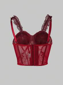 Sheer Floral Mesh V-Neck Cinched Waist Romantic Short Camisole Top - Red - View 2