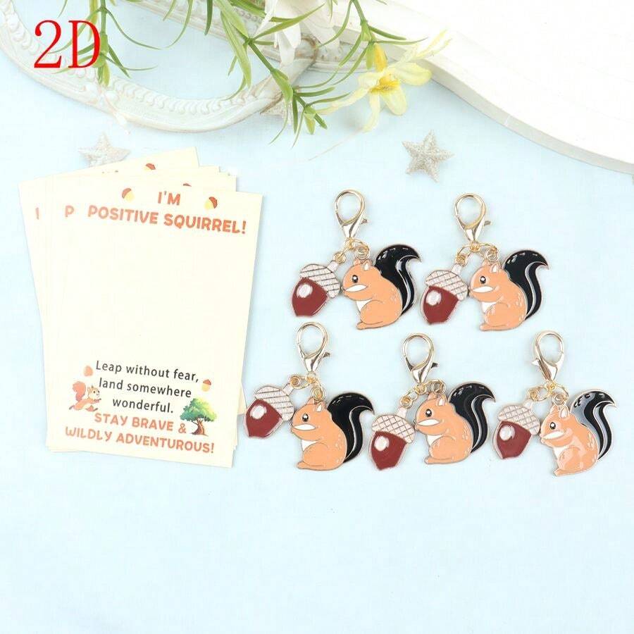 5pcs Cute Squirrel & Pine Cone Keychain Set With "Positive Squirrel" Greeting Card, Suitable For Coin Purse/Backpack/Car Key Chain And Other Accessories, Perfect For Birthday/Back To School/Holiday Party/Gift For Best Friend/Colleague/Friend; Ideal For Daily Carry And Companion Charm - Multicolor - View 1