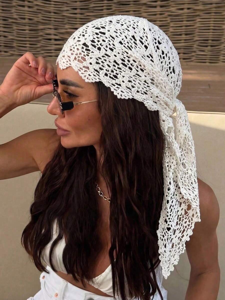 1PC Crochet Lace Headscarf Bohemian Knitted Headband French Vintage Hair Scarf Hollow Out Hairband Summer Beach Women's Hair Accessories
