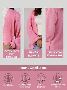 Women's Knitted Cardigan With Puff Sleeves, Elegant, Casual, Pink - Rosa - 查看 6